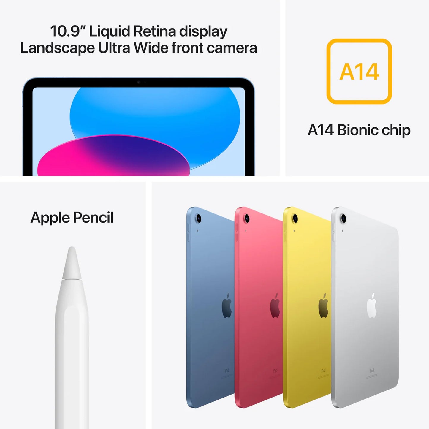 Apple iPad 10th Gen (10.9" Liquid Retina, A14 Bionic, Up to 256GB, Wi-Fi 6)  Rear Camera, Touch ID, All-Day Battery